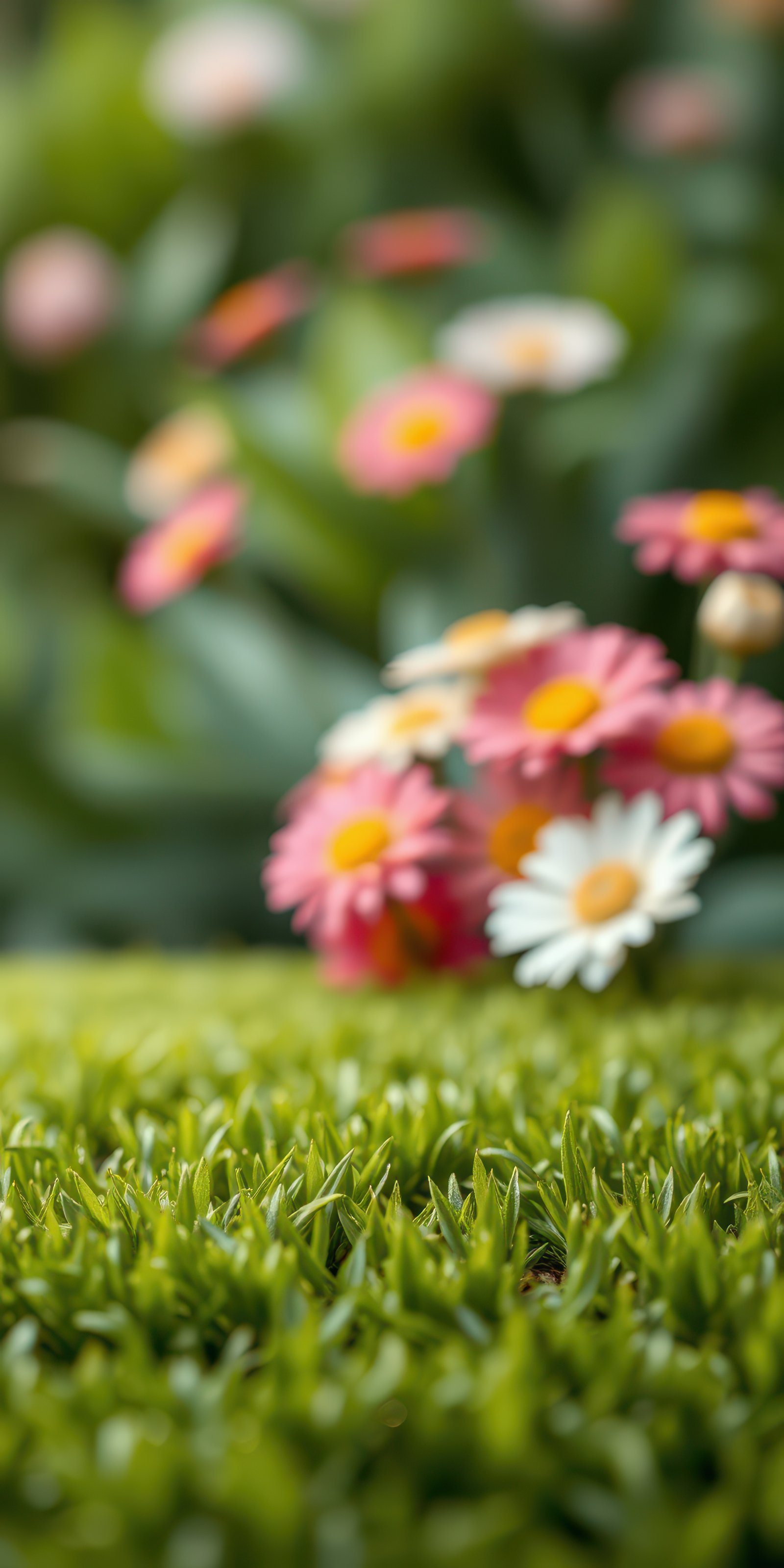 Vibrant flowers bloom among lush green grass in a serene garden setting during springtime